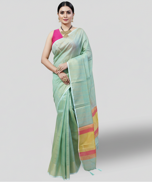 Pista Green Zari Checkered Poly Silk Saree
