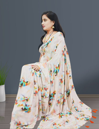 Peach Floral Printed Crepe Saree