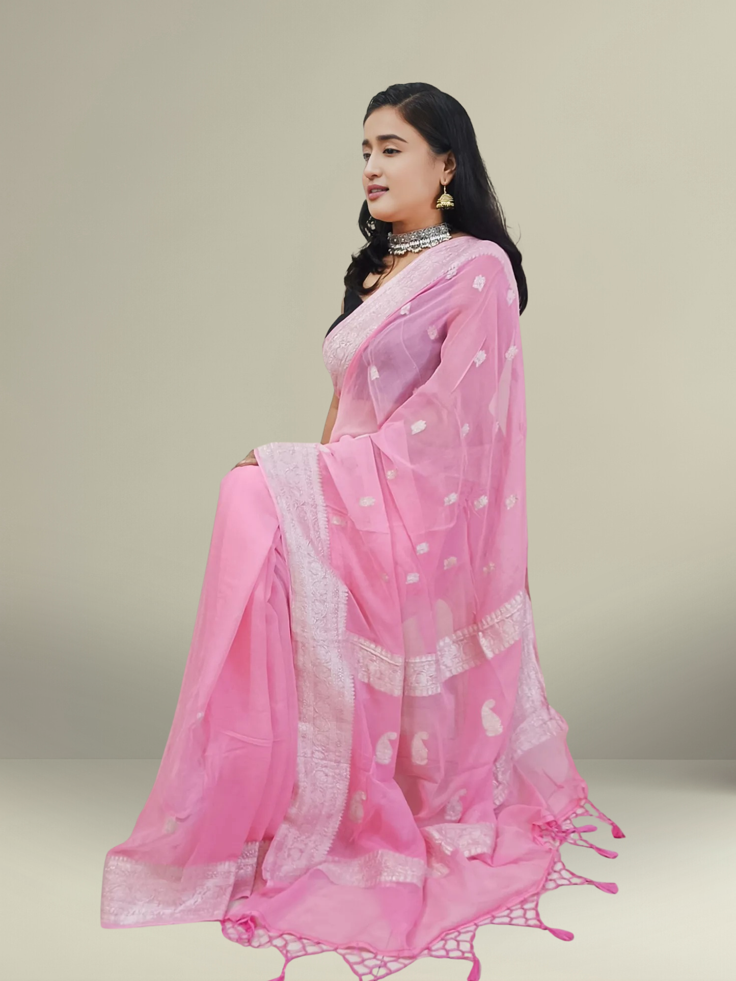 Baby Pink Banarasi Pure Khaddi Chiffon Saree