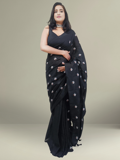 Black Floral Embroidered Cotton Saree
