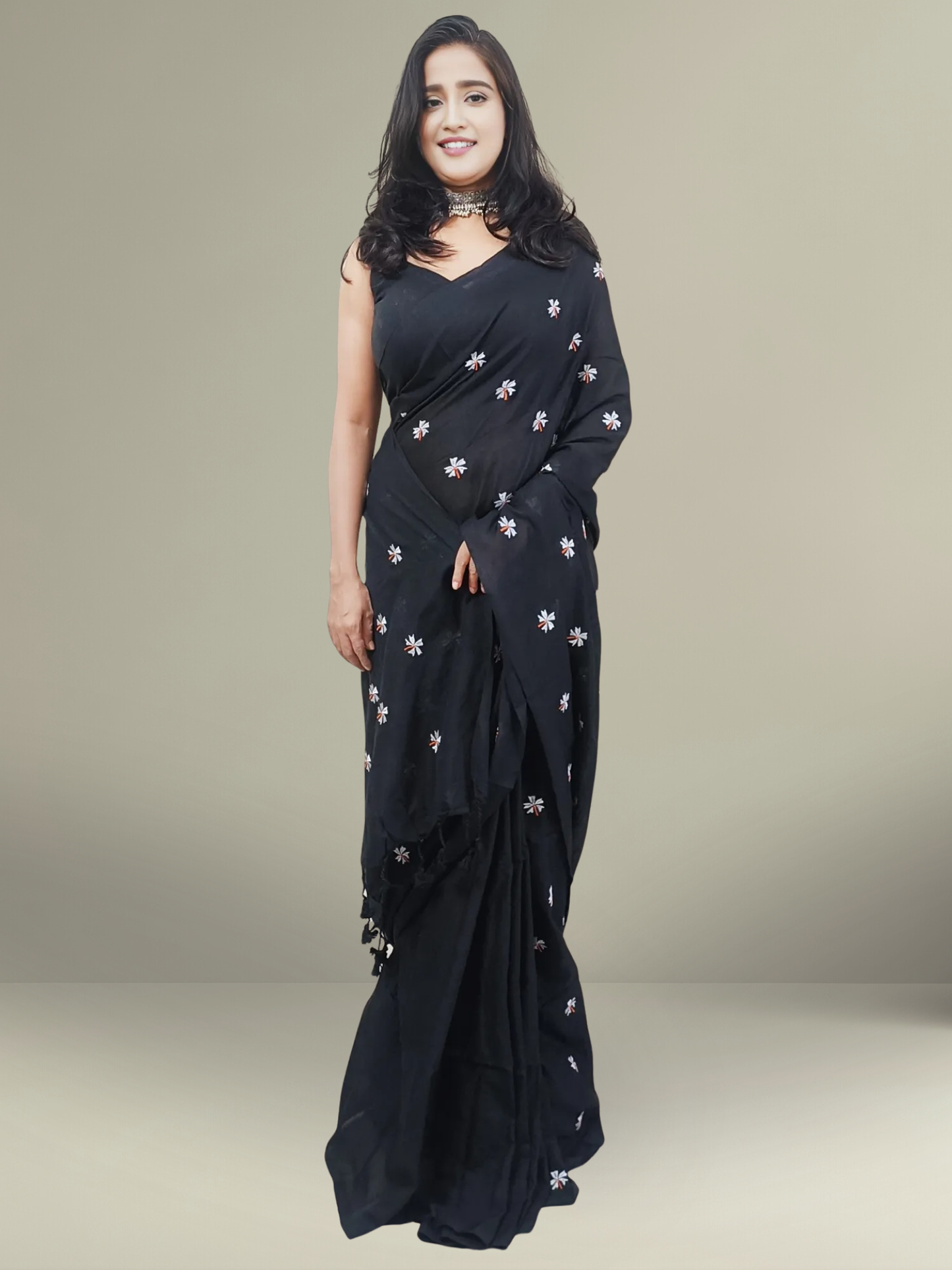 Black Floral Embroidered Cotton Saree