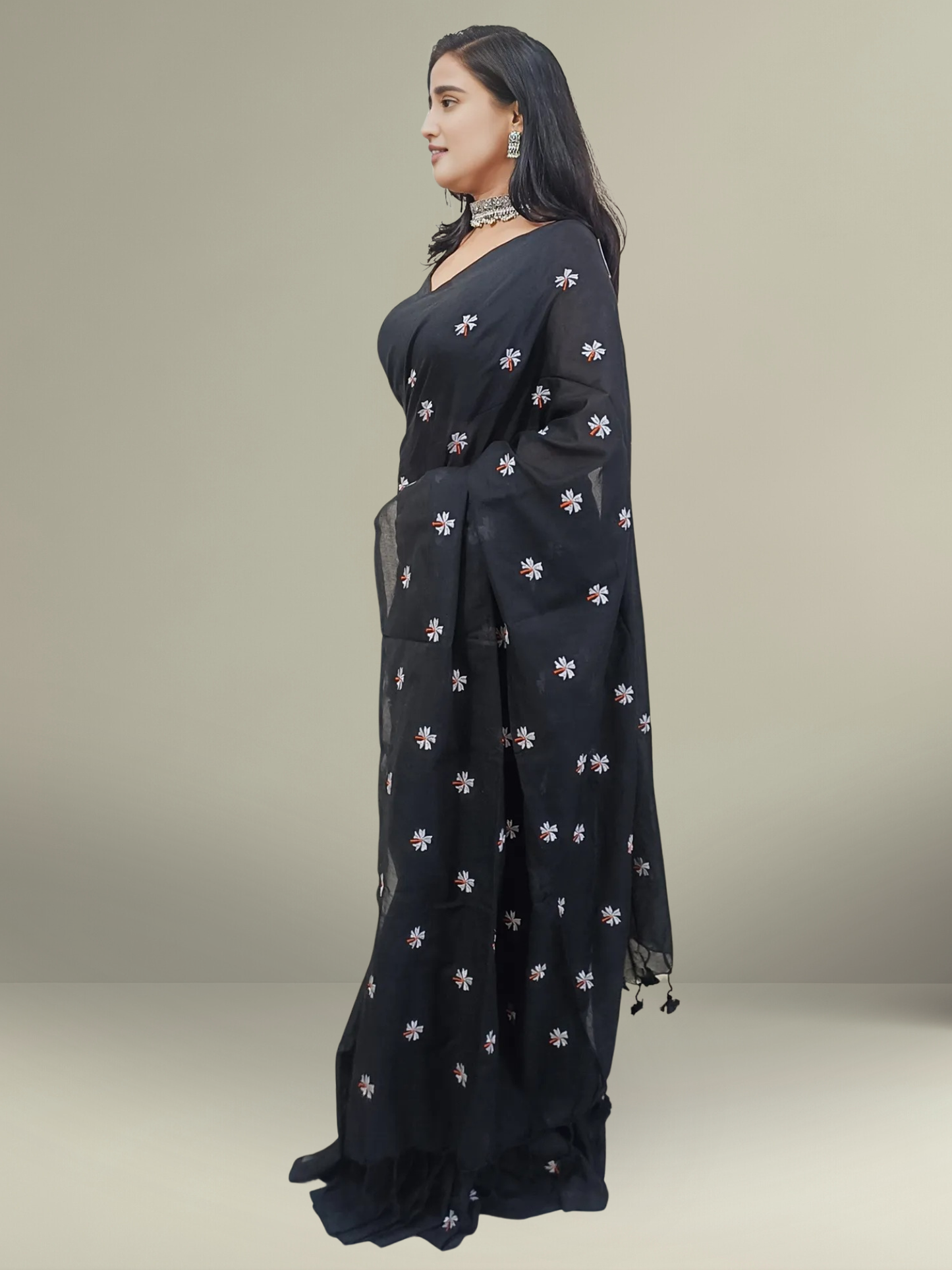 Black Floral Embroidered Cotton Saree