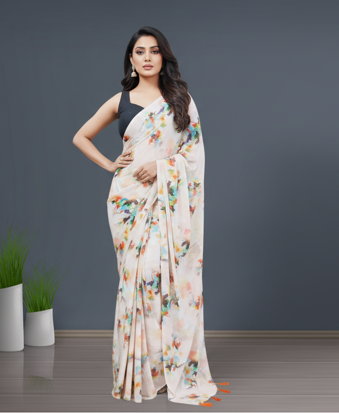 Peach Floral Printed Crepe Saree