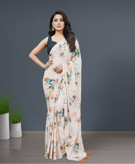 Peach Floral Printed Crepe Saree