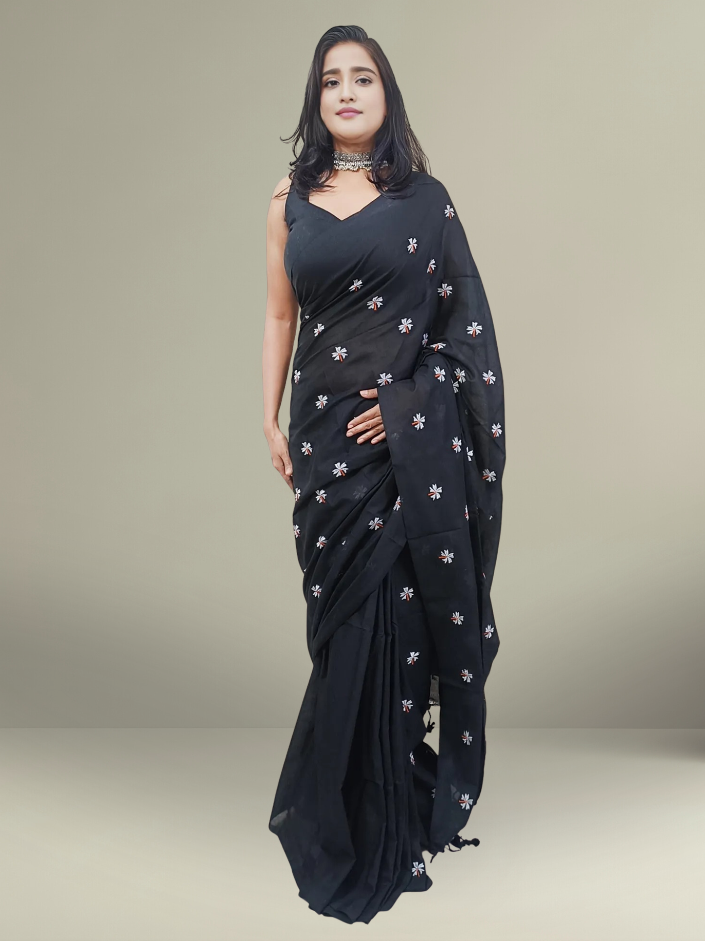 Black Floral Embroidered Cotton Saree