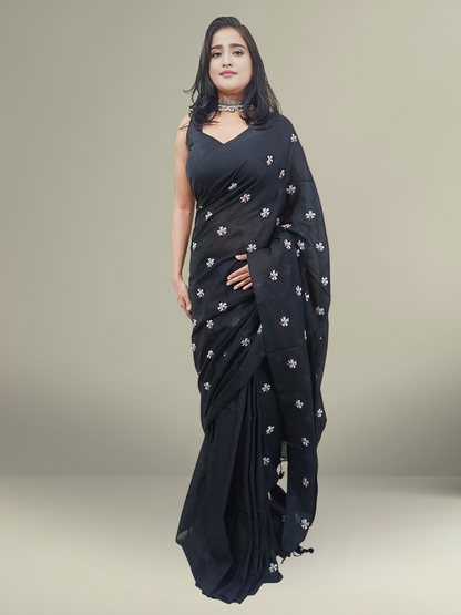 Black Floral Embroidered Cotton Saree