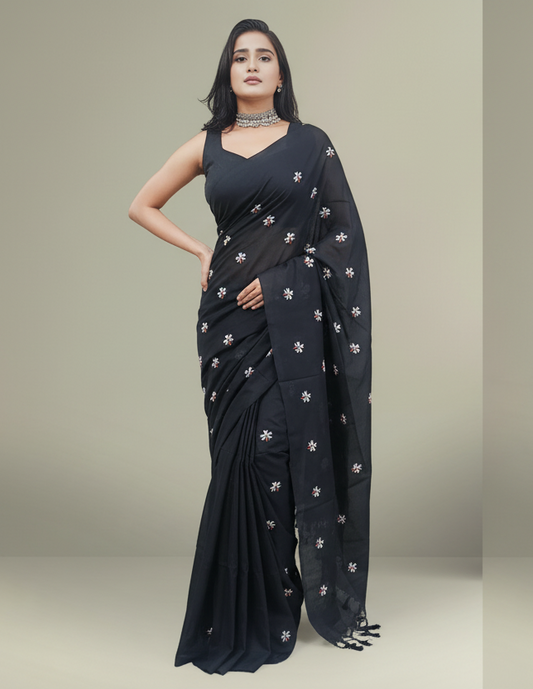 Black Floral Embroidered Cotton Saree