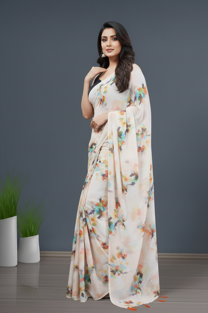 Peach Floral Printed Crepe Saree