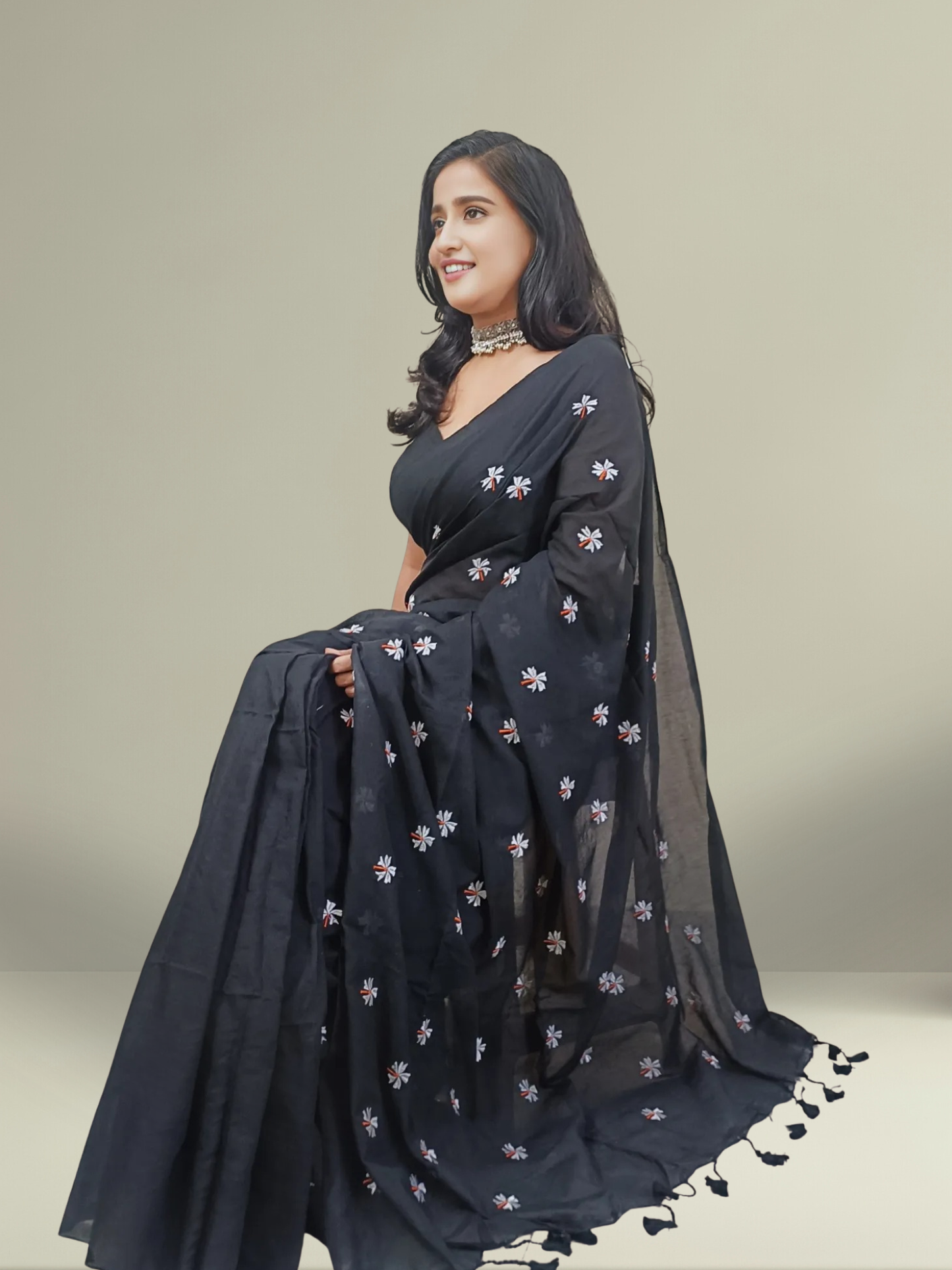 Black Floral Embroidered Cotton Saree