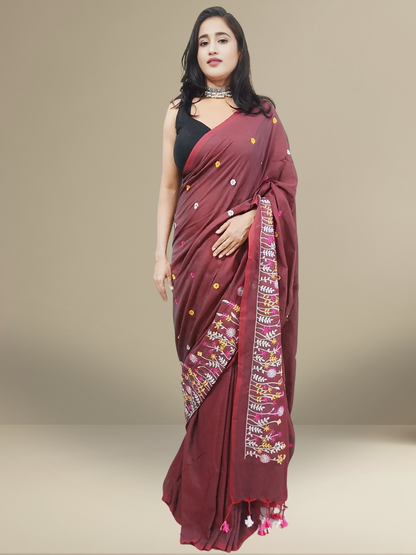 Brick Red Floral Embroidered Cotton Saree