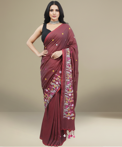 Brick Red Floral Embroidered Cotton Saree
