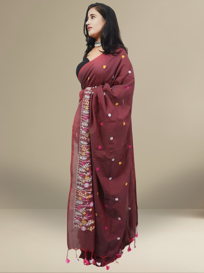 Brick Red Floral Embroidered Cotton Saree