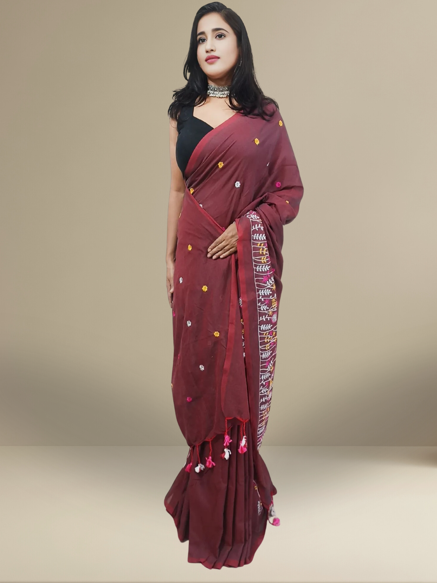 Brick Red Floral Embroidered Cotton Saree