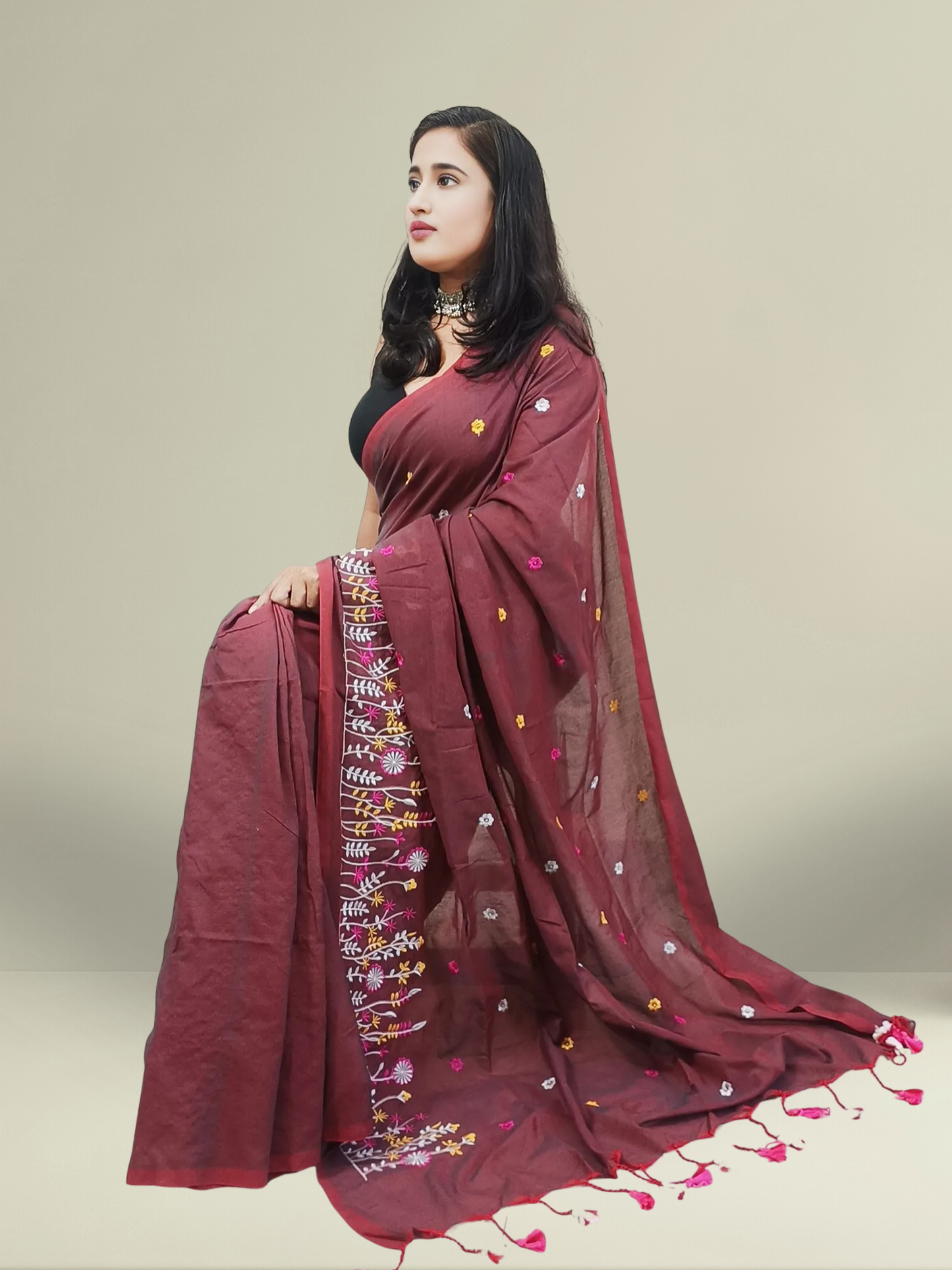 Brick Red Floral Embroidered Cotton Saree