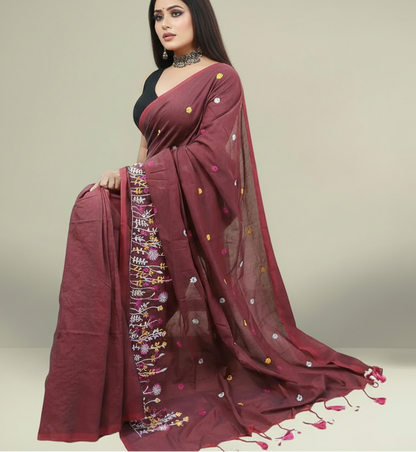 Brick Red Floral Embroidered Cotton Saree
