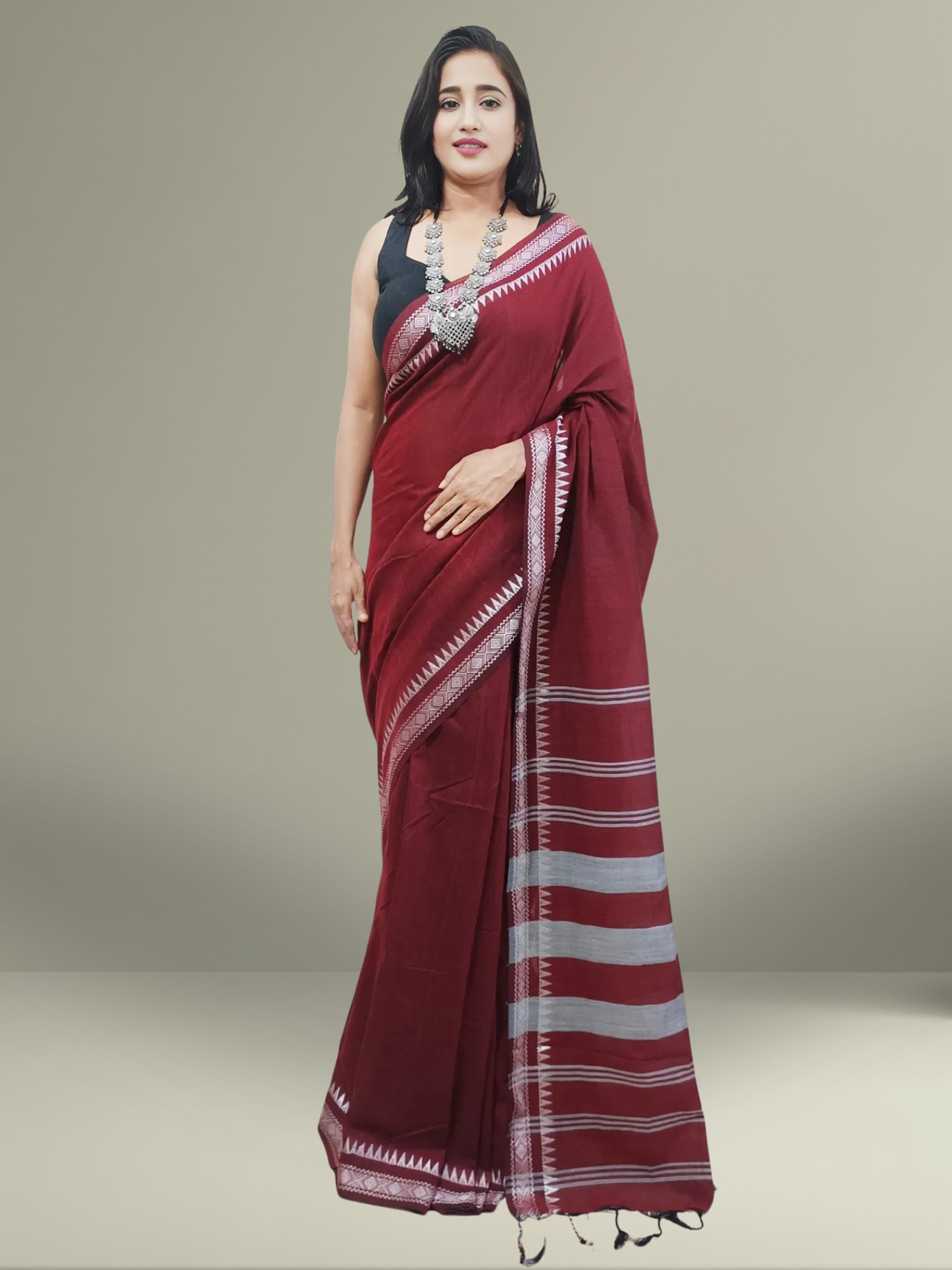 Brick Red Cotton Saree with Silver Zari Border