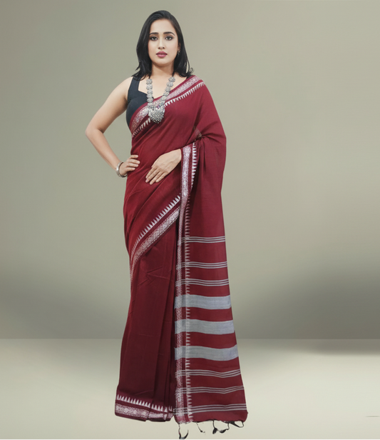 Brick Red Cotton Saree with Silver Zari Border