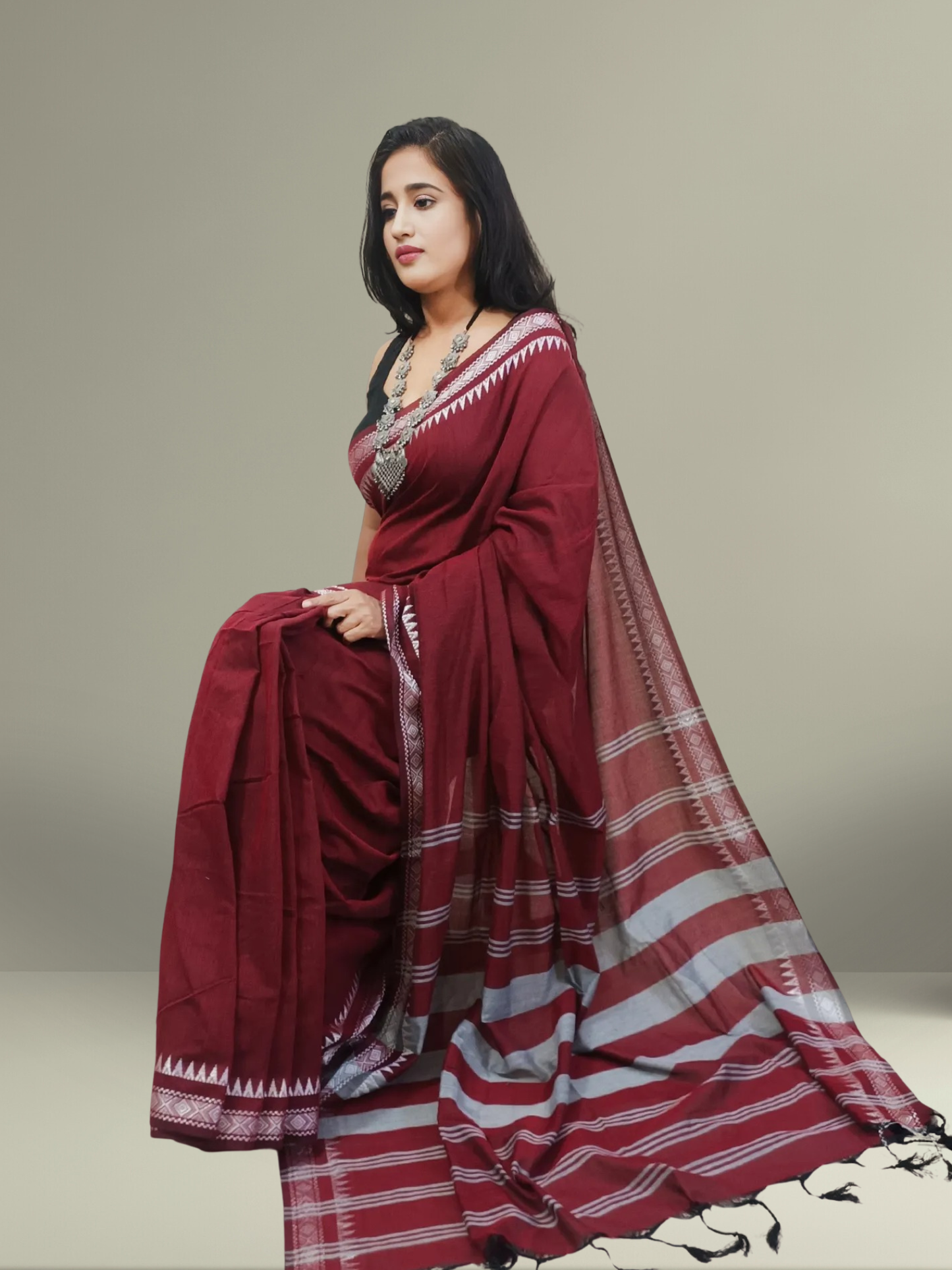 Brick Red Cotton Saree with Silver Zari Border