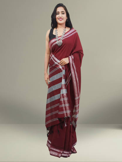 Brick Red Cotton Saree with Silver Zari Border