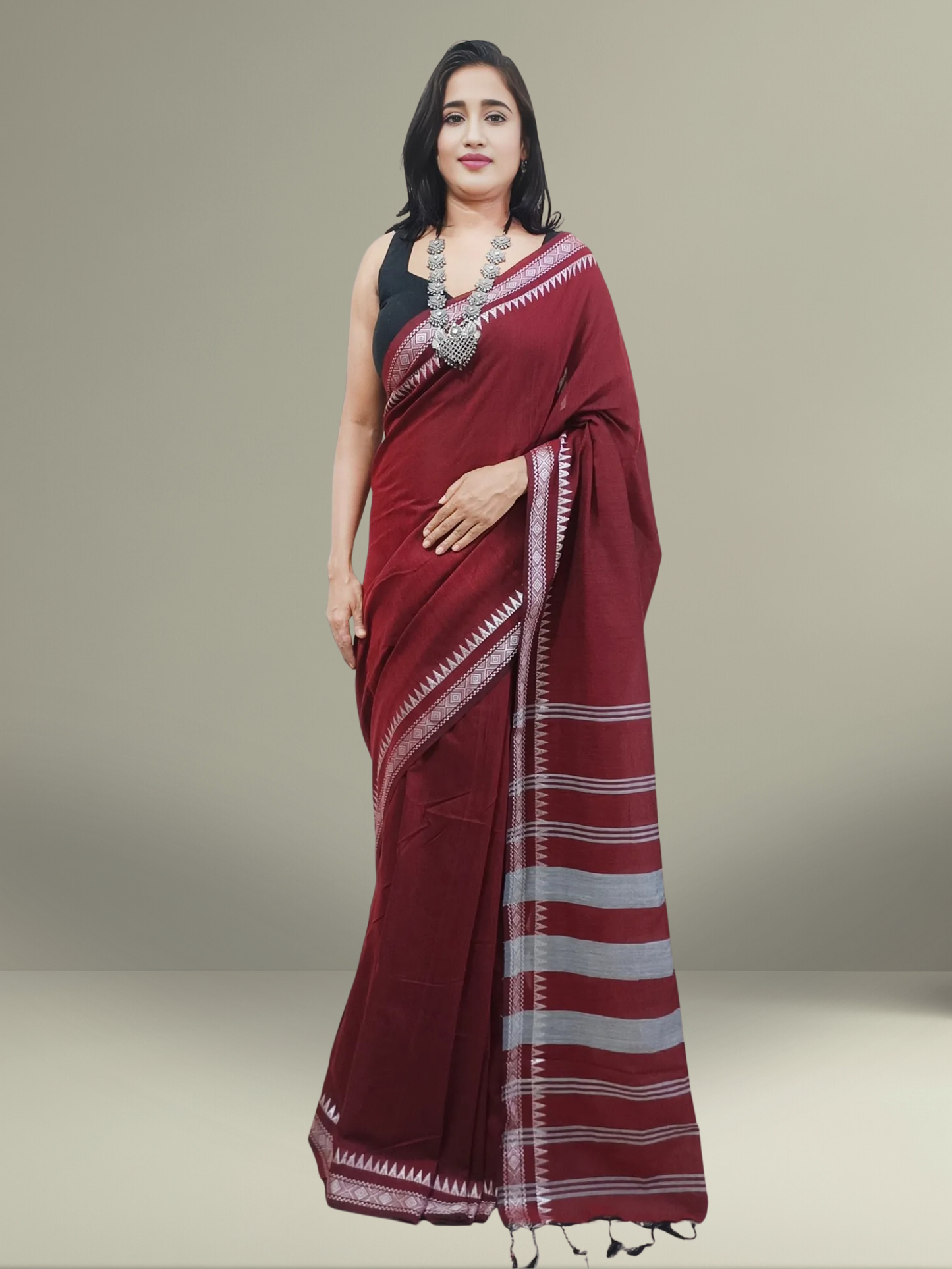 Brick Red Cotton Saree with Silver Zari Border