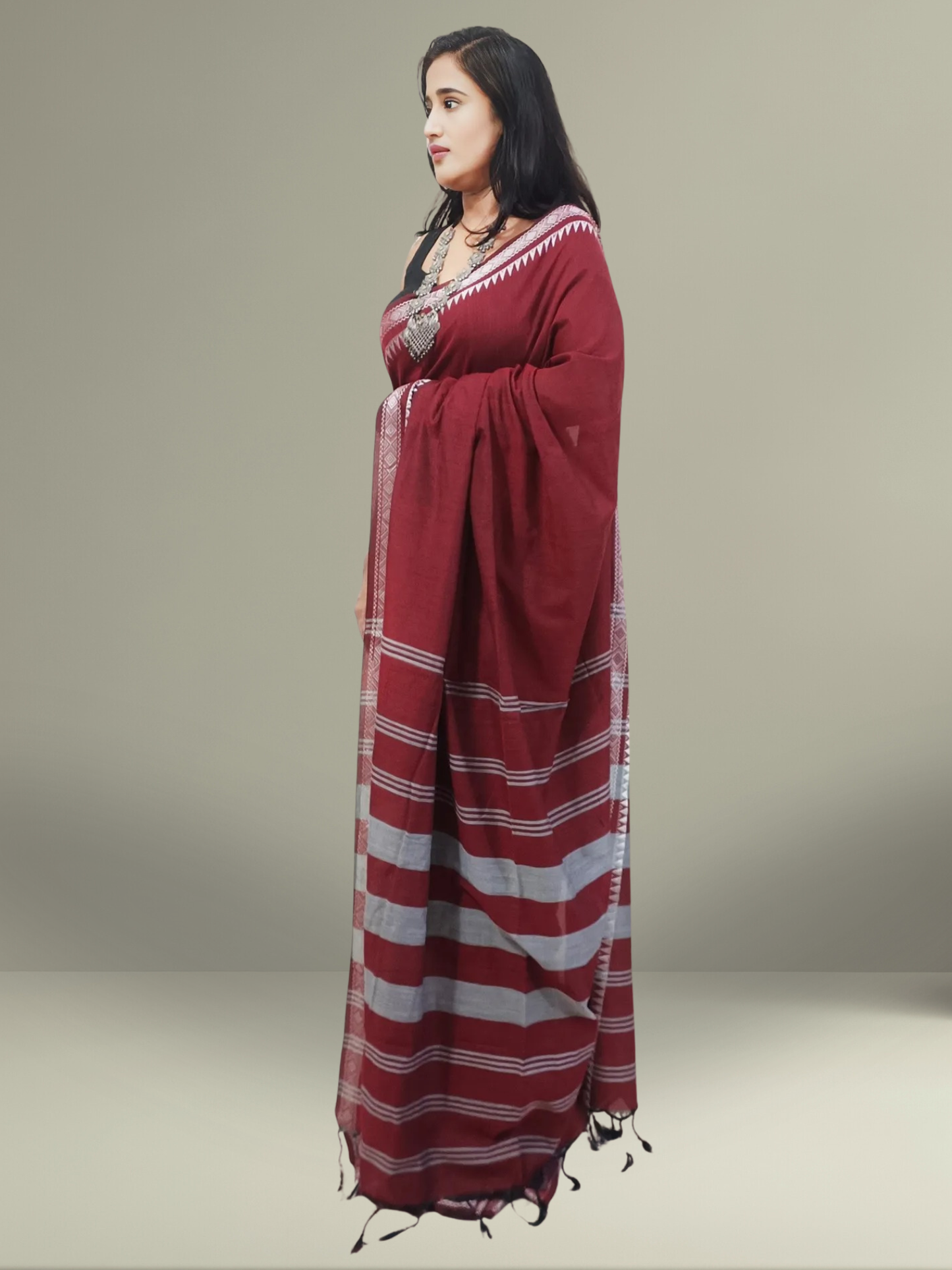 Brick Red Cotton Saree with Silver Zari Border