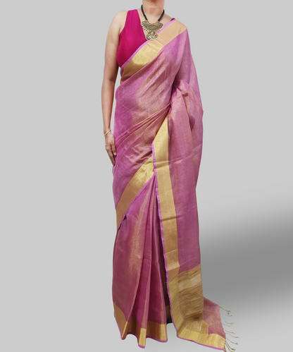 Pink Tissue Linen Saree with Zari Border