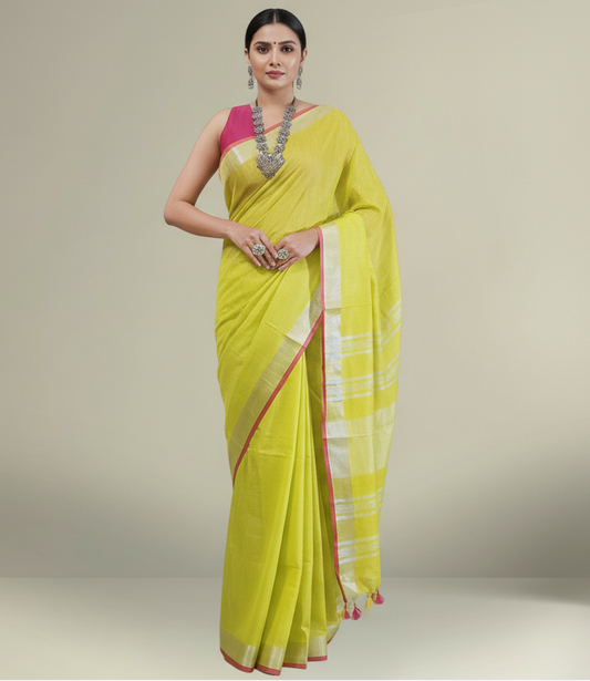 Vibrant Lemon Yellow Cotton Slub Saree with Silver Zari Pallu & Pink Tassels