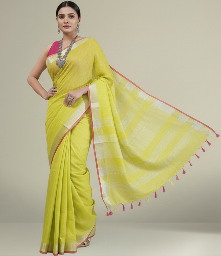 Vibrant Lemon Yellow Cotton Slub Saree with Silver Zari Pallu & Pink Tassels