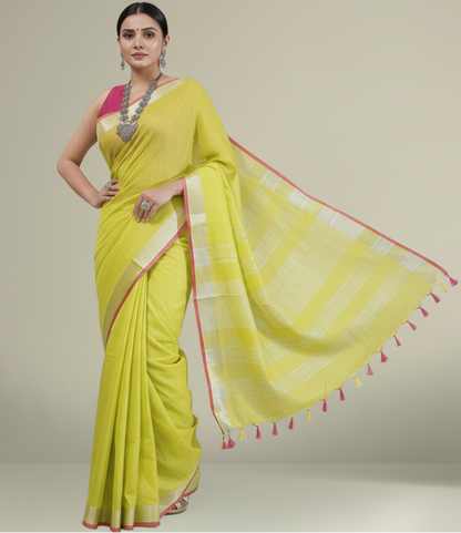 Vibrant Lemon Yellow Cotton Slub Saree with Silver Zari Pallu & Pink Tassels