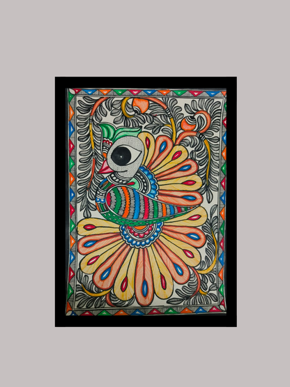 Vibrant Madhubani Peacock Painting - Majestic Mayur & Floral Art | Traditional Mithila Wall Decor