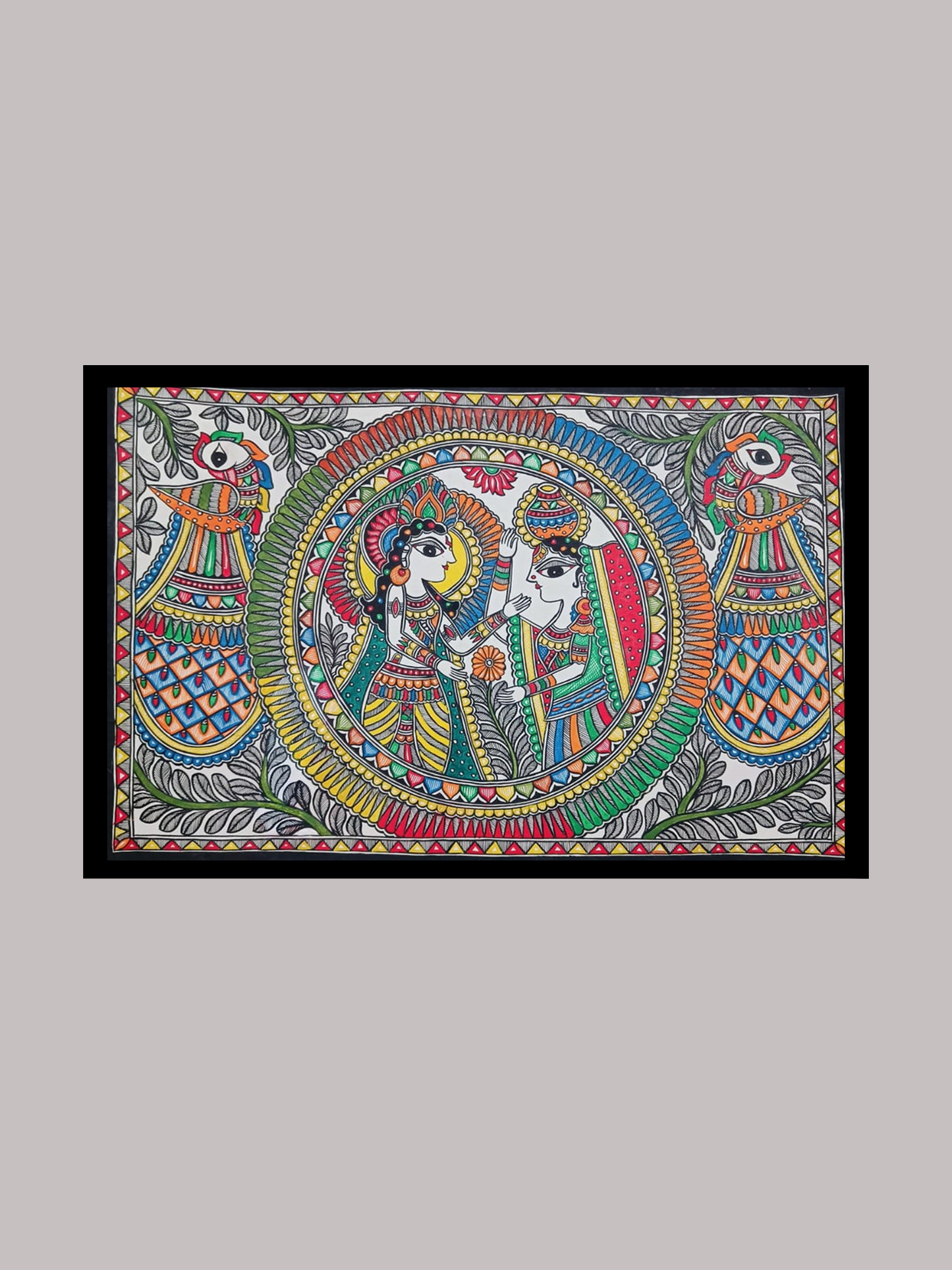 Vibrant Madhubani Radha Krishna Painting Divine Couple & Peacock Union Traditional Mithila Wall Art