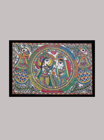 Vibrant Madhubani Radha Krishna Painting Divine Couple & Peacock Union Traditional Mithila Wall Art