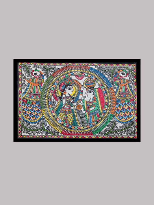 Vibrant Madhubani Radha Krishna Painting Divine Couple & Peacock Union Traditional Mithila Wall Art