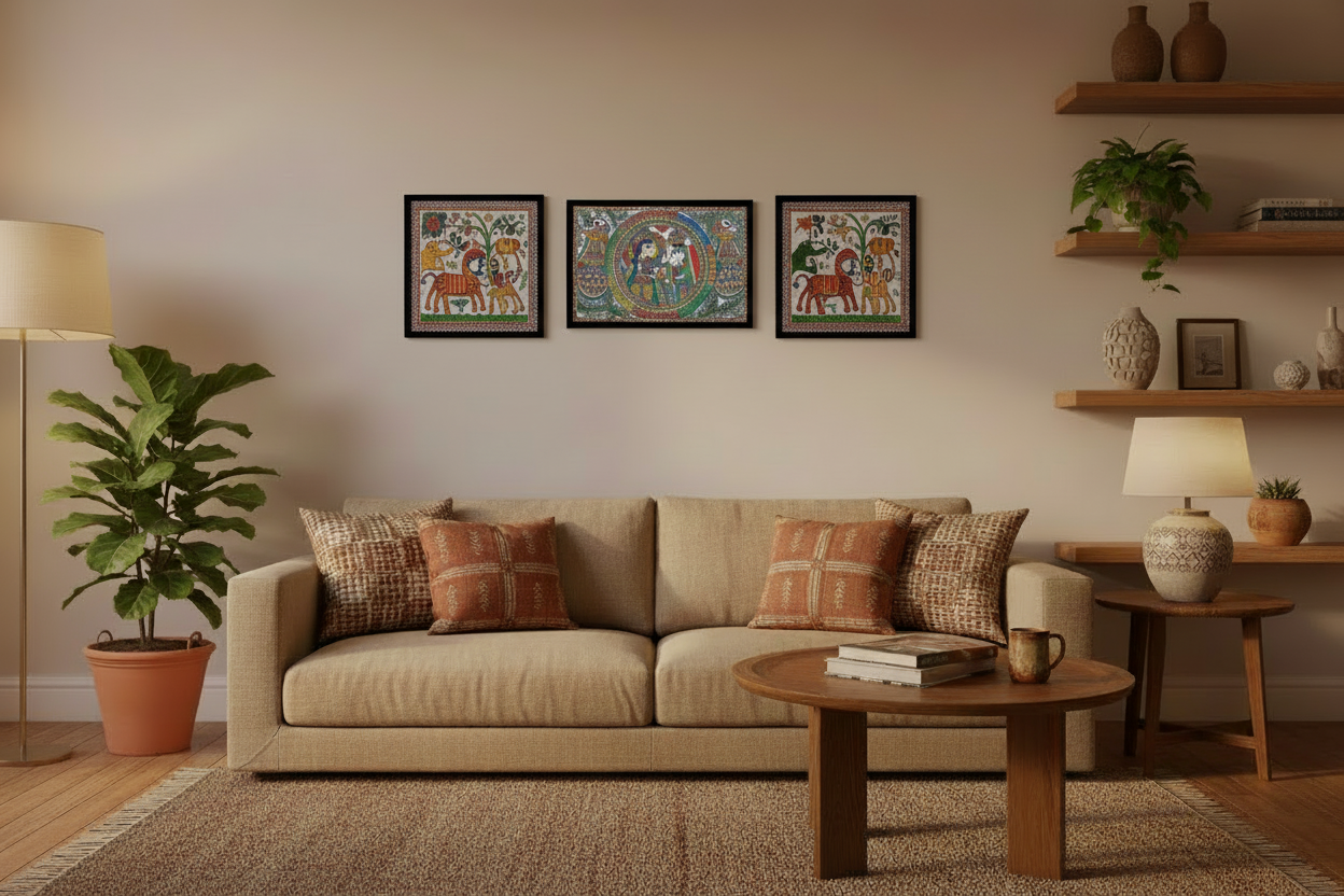 Vibrant Madhubani Radha Krishna Painting Divine Couple & Peacock Union Traditional Mithila Wall Art