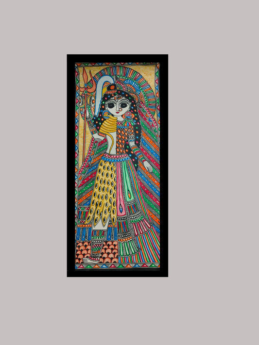 Vibrant Madhubani Goddess Durga Painting with Trishul - Traditional Indian Religious Art | Mithila Home Decor