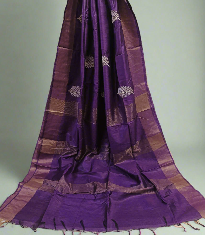 Violet Tussar Munga Embroidered Silk Saree