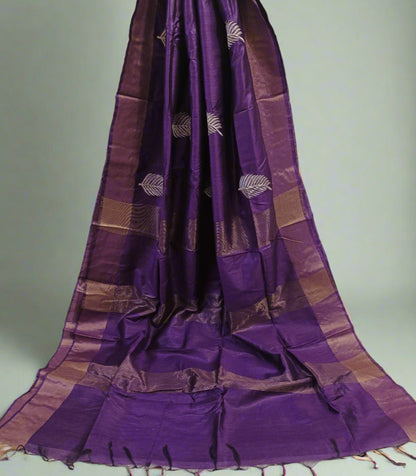 Violet Tussar Munga Embroidered Silk Saree