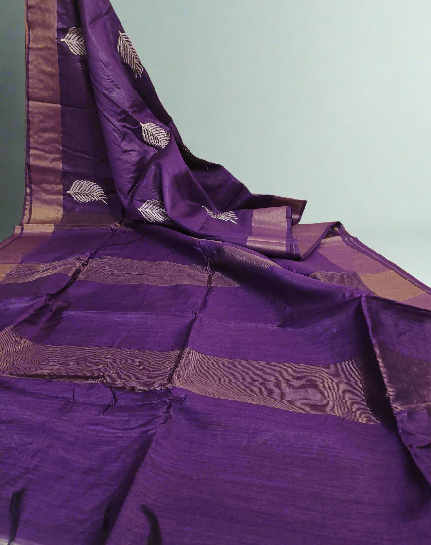 Violet Tussar Munga Embroidered Silk Saree