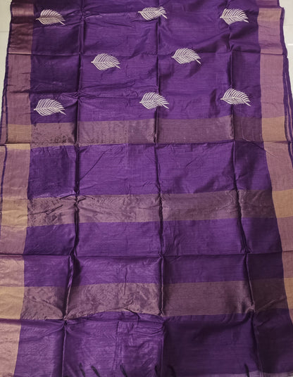 Violet Tussar Munga Embroidered Silk Saree