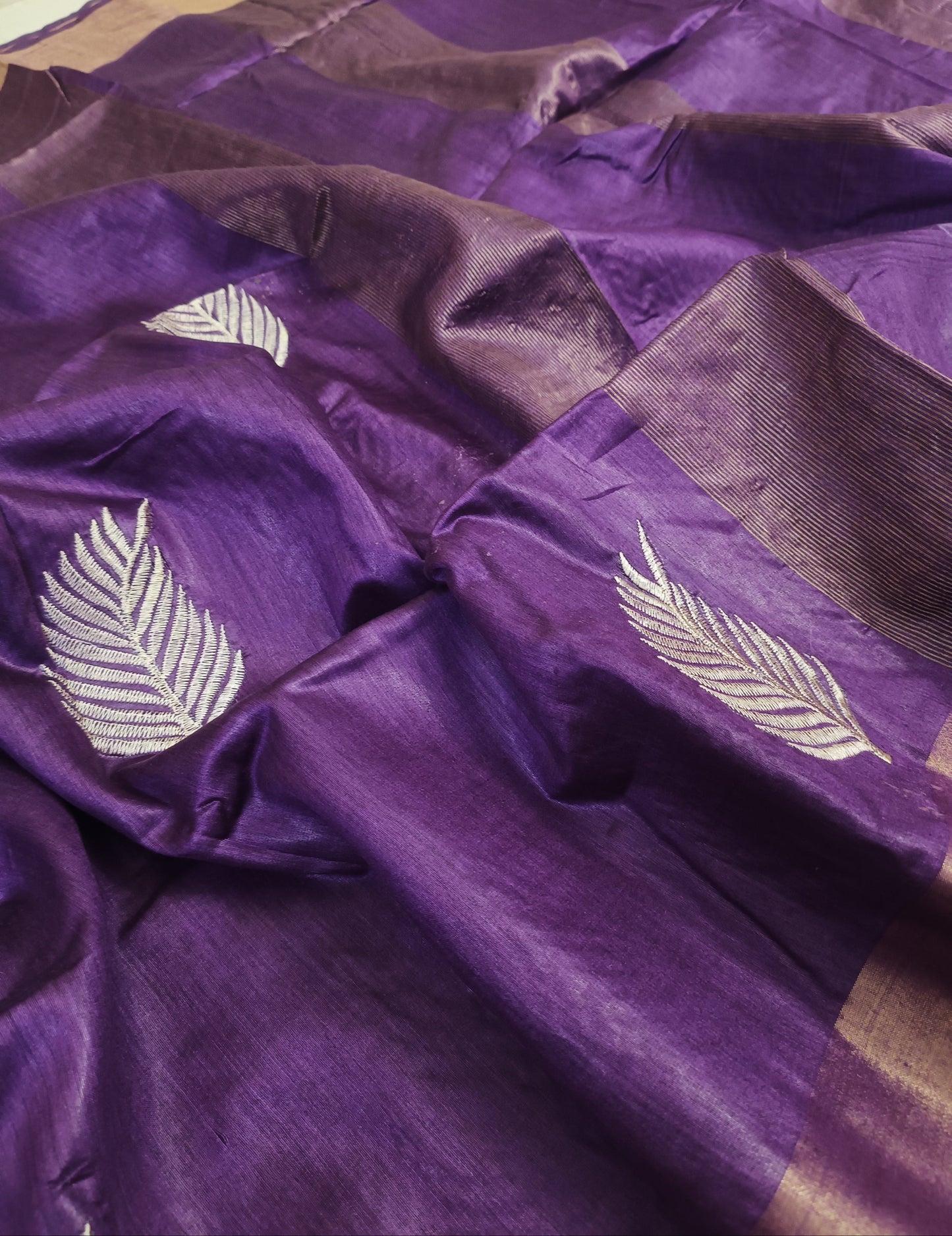 Violet Tussar Munga Embroidered Silk Saree