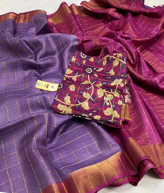 Violet Bishnupuri Checked Zari Tussar Silk Saree |Peepal Clothing