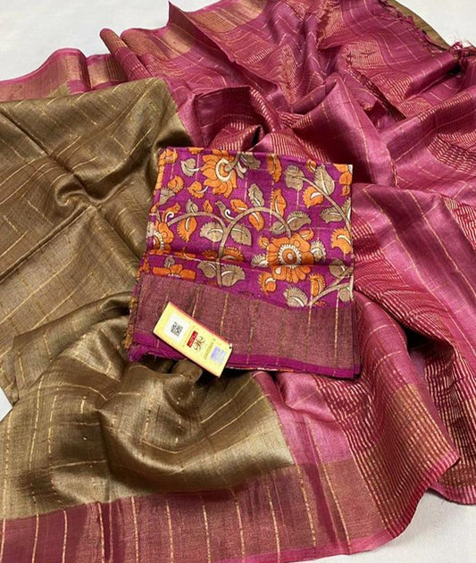 Walnut Bishnupuri Checked Zari Tussar Silk Saree |Peepal Clothing