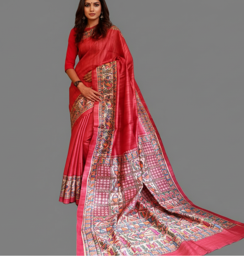 Red Tassar Ghicha Madhubani Hand Painted Saree