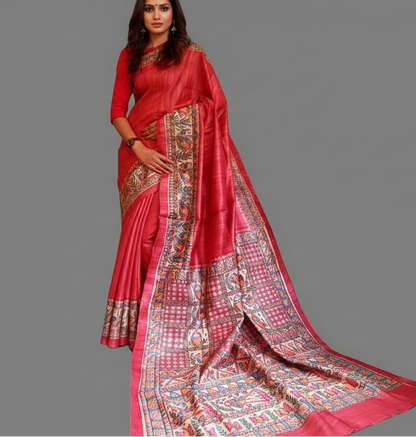 Red Tassar Ghicha Madhubani Hand Painted Saree