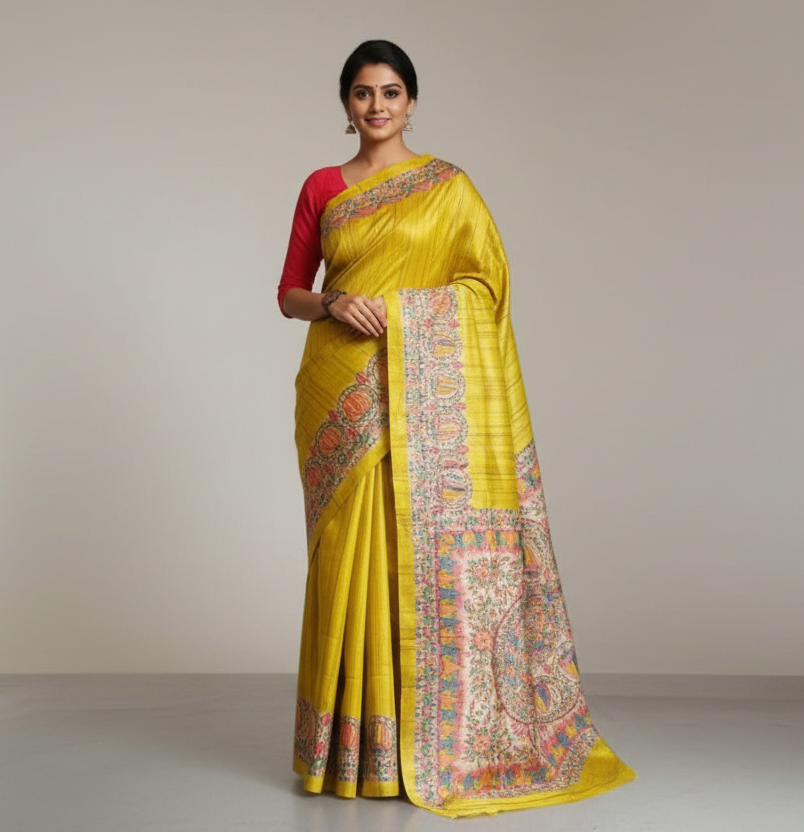Yellow Tassar Ghicha Madhubani Hand Painted Saree