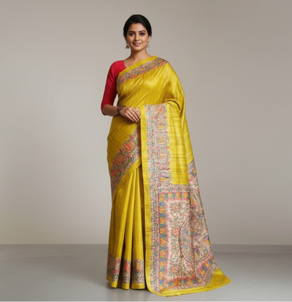 Yellow Tassar Ghicha Madhubani Hand Painted Saree