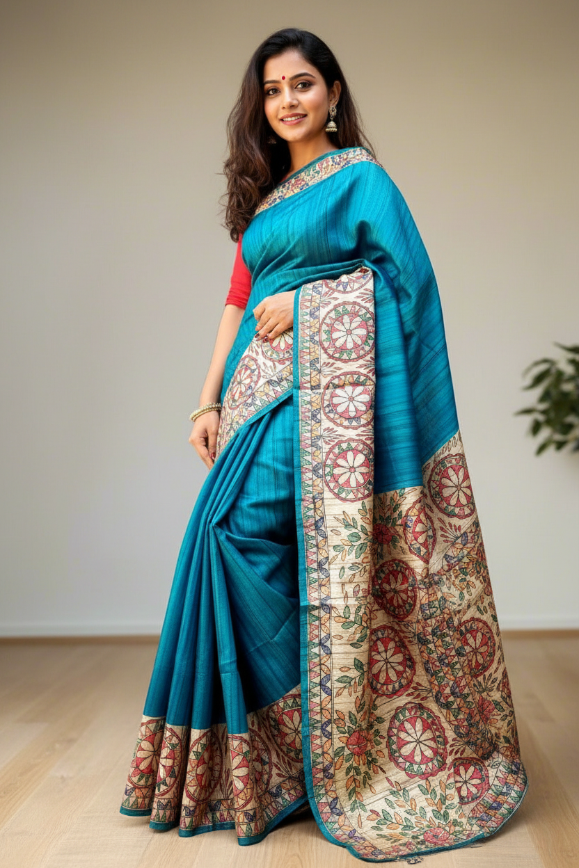 Firozi Tassar Ghicha Madhubani Hand Painted Saree