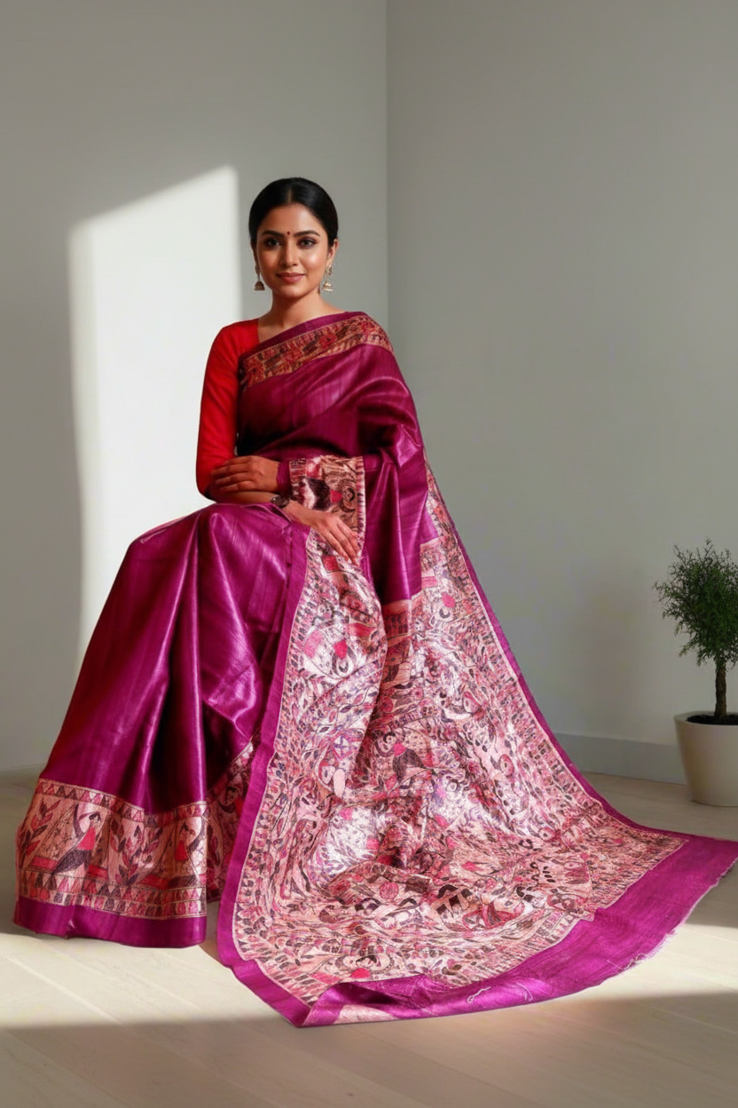 Magenta Tussar Ghicha Madhubani Hand Painted Saree