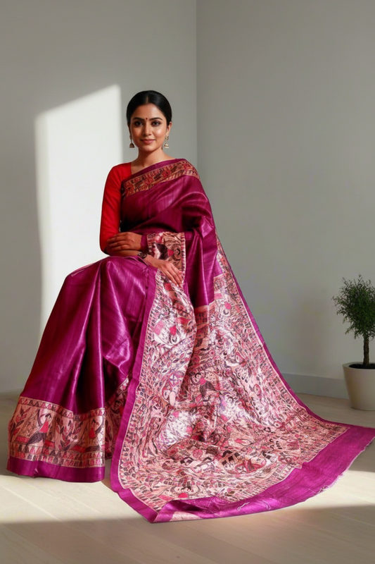 Magenta Tussar Ghicha Madhubani Hand Painted Saree