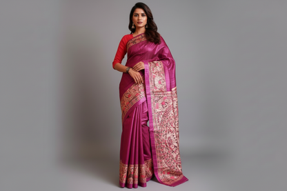 Magenta Tussar Ghicha Madhubani Hand Painted Saree